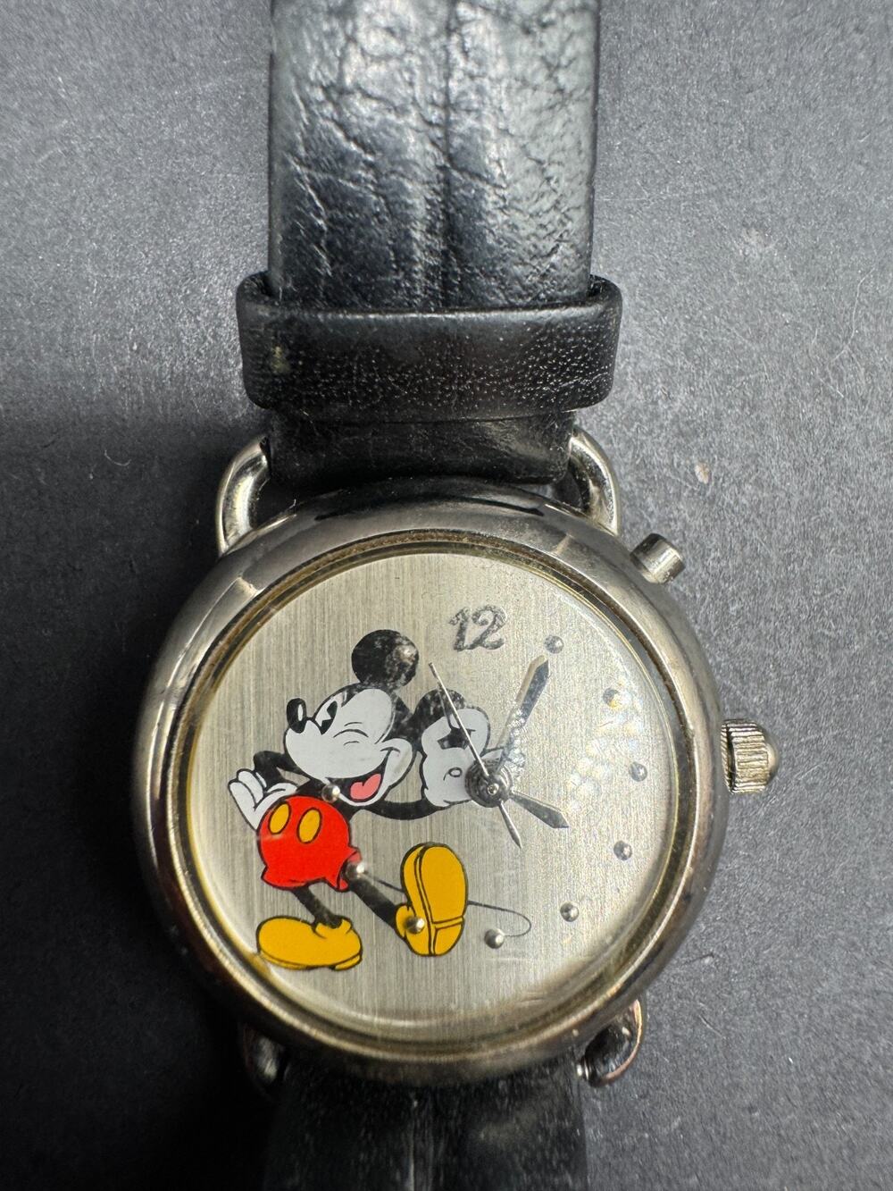 Disney Mickey Mouse Wrist Watch Silver Tone Black Leather Band 753S 27.4MM